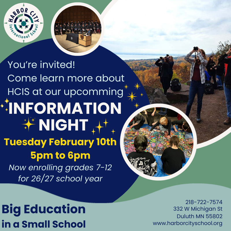 A graphic featuring three photos: a graduation ceremony, students looking out at birds, students collaborating on making art. Graphic announces that there is an Information Night on February 10th from 5pm to 6pm.
