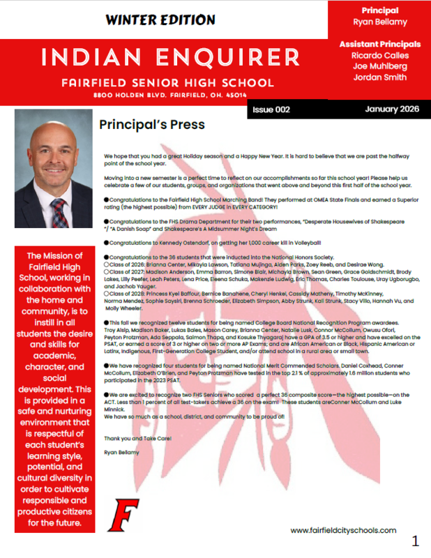 This is the cover of the winter edition of the Indian Enquirer newsletter for Fairfield High School.