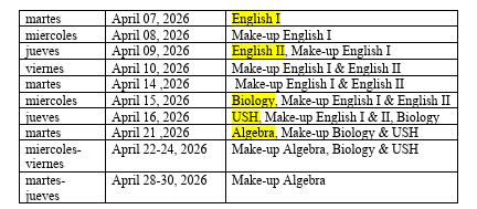 EOC Testing Schedule (Spanish)