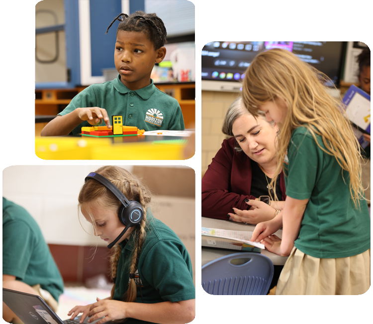Collage showcasing various student activities including academics, science, and hands-on projects.