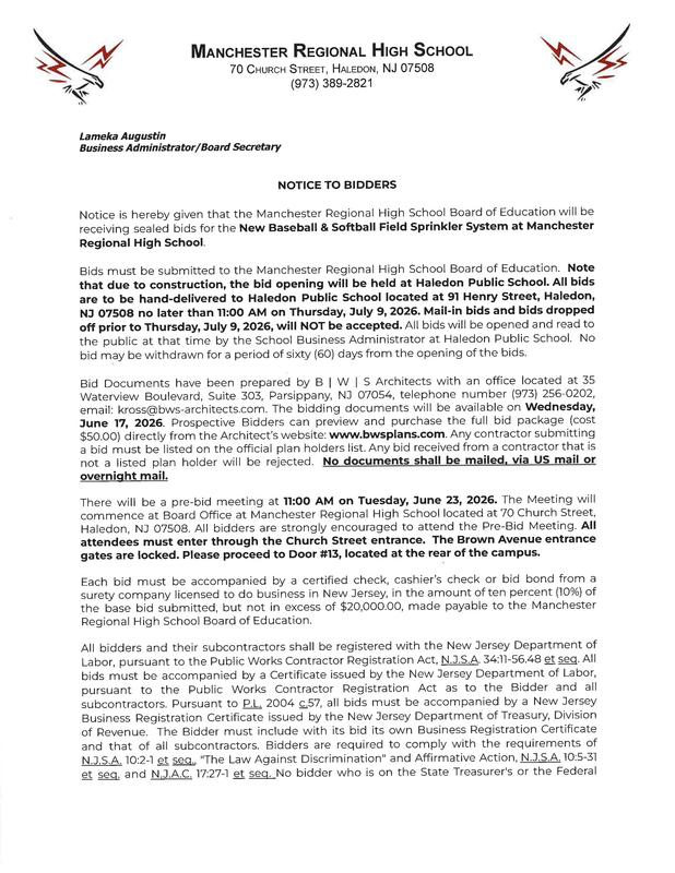 Legal Notice - New Baseball & Softball Field Sprinkler System