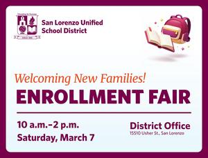 Graphic promoting SLZUSD Enrollment Fair on March 7