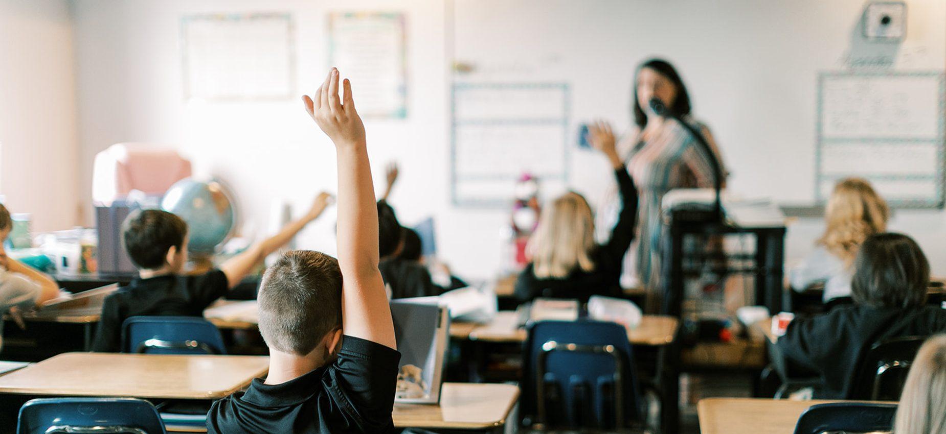 Students raise their hands during a class discussion