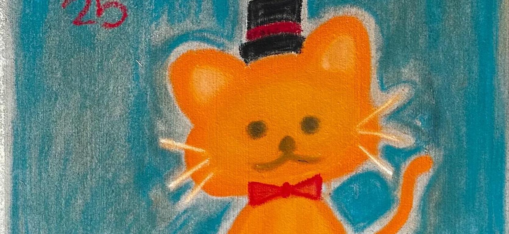 Orange cat with a top hat and bow tie against a blue background.