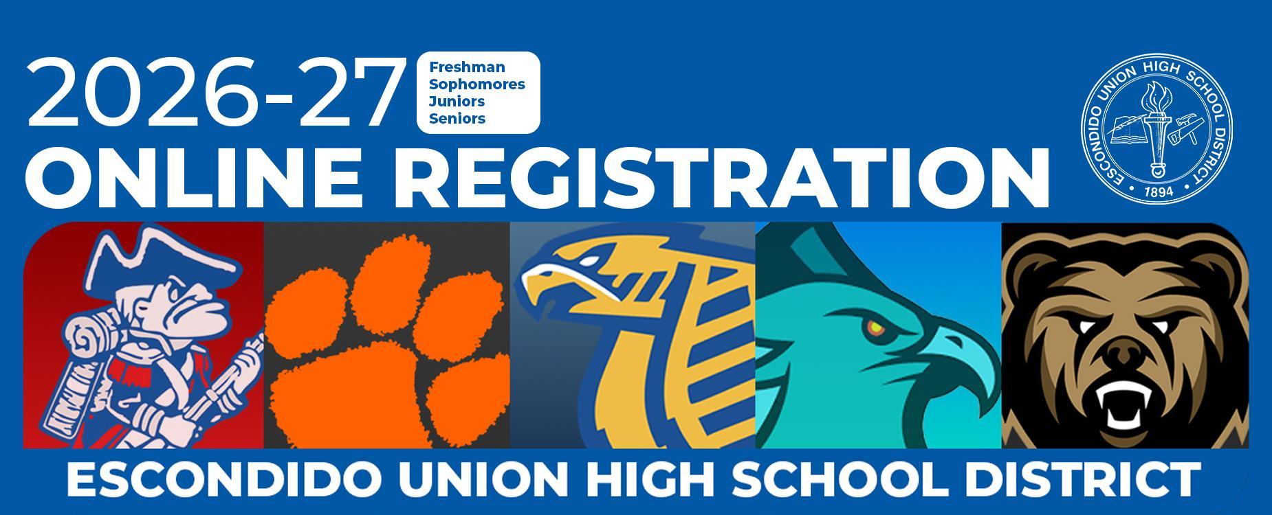 Graphic promoting online registration for Escondido Union High School District with mascots.