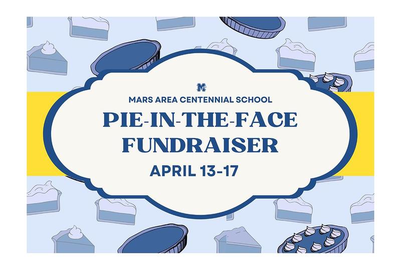 floating pies and a slices of pie on a blue background with a yellow stripe