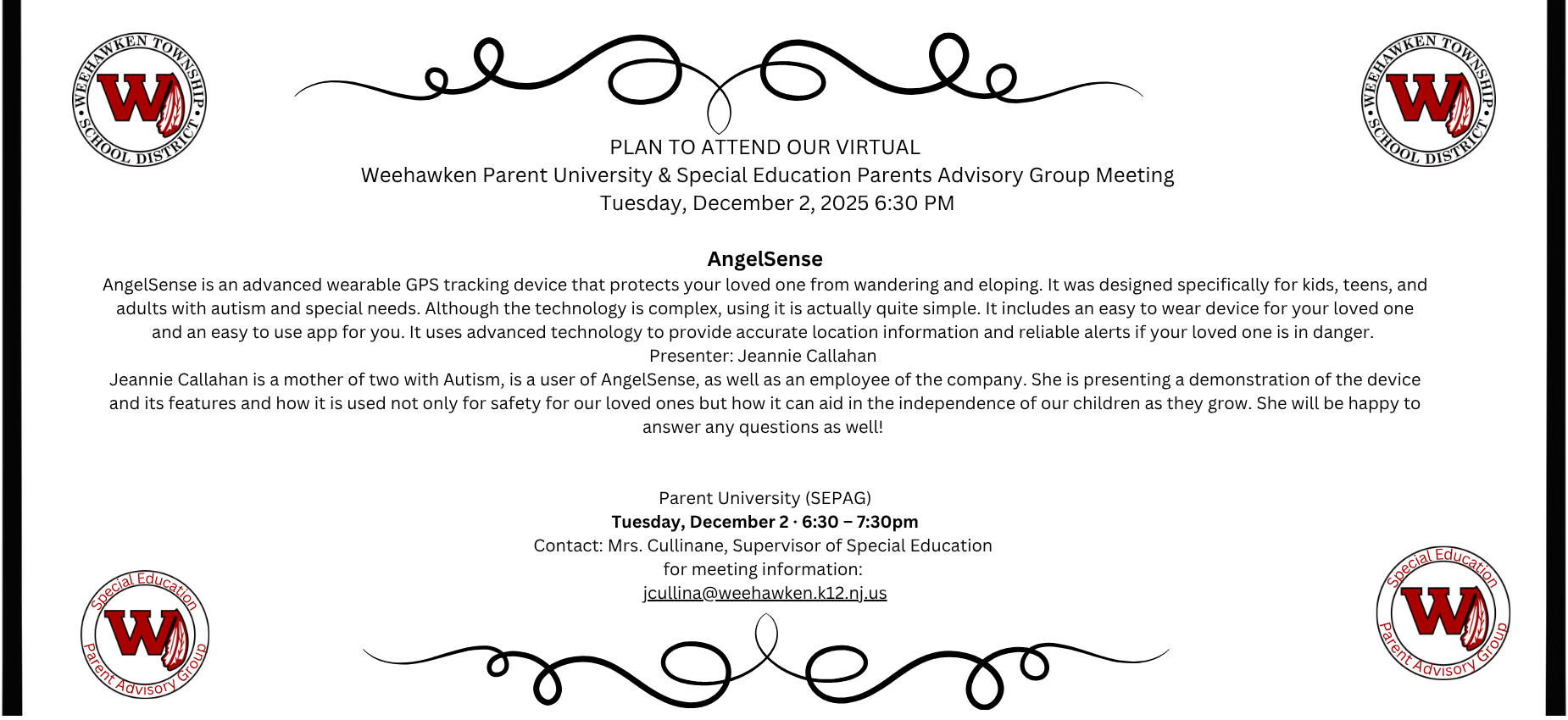 Virtual Parent University & Special Education Parents Advisory Group Meeting
Tuesday, December 2nd
6:30PM