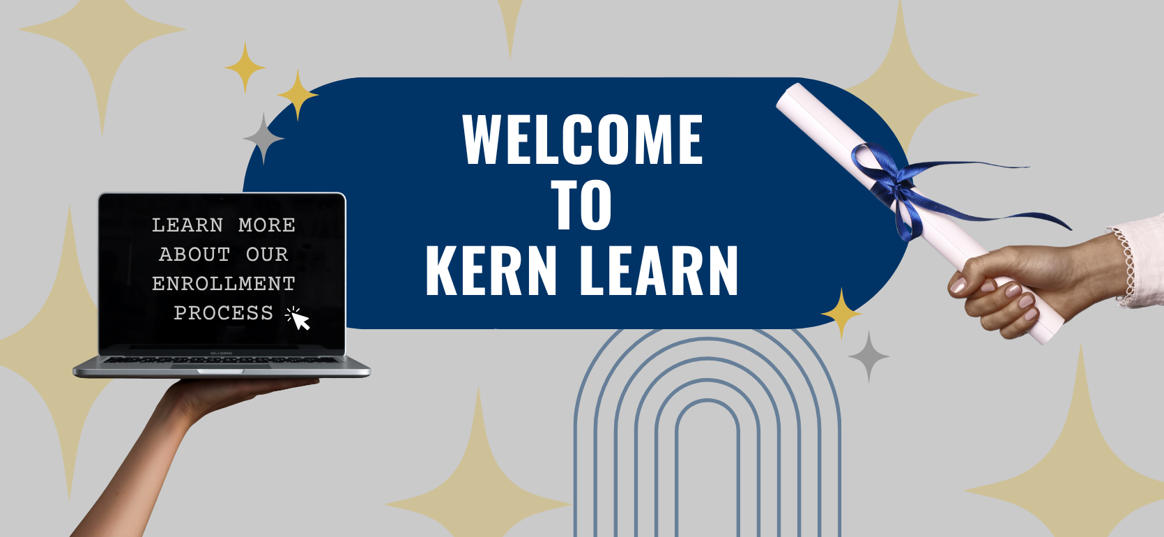 Welcome banner for Kern Learn with a laptop and a diploma being handed.