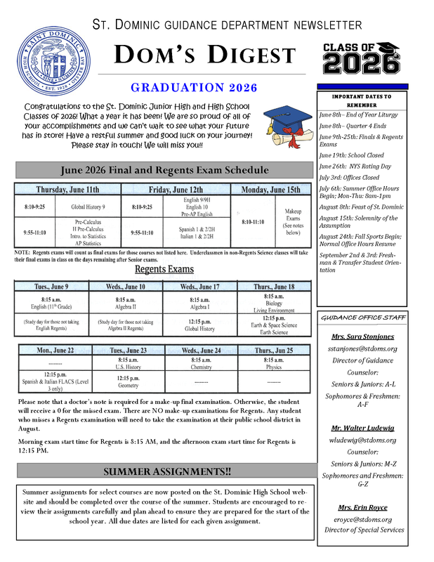 Dom's Digest - Guidance Department Newsletter (Graduation 2026 Edition) Featured Photo