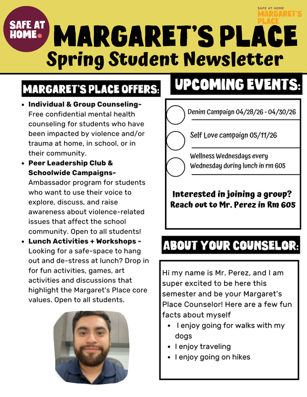 Newsletter detailing counseling services and upcoming events for students.