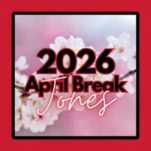 Text announcing '2026 April Break Jones' over pink floral background.