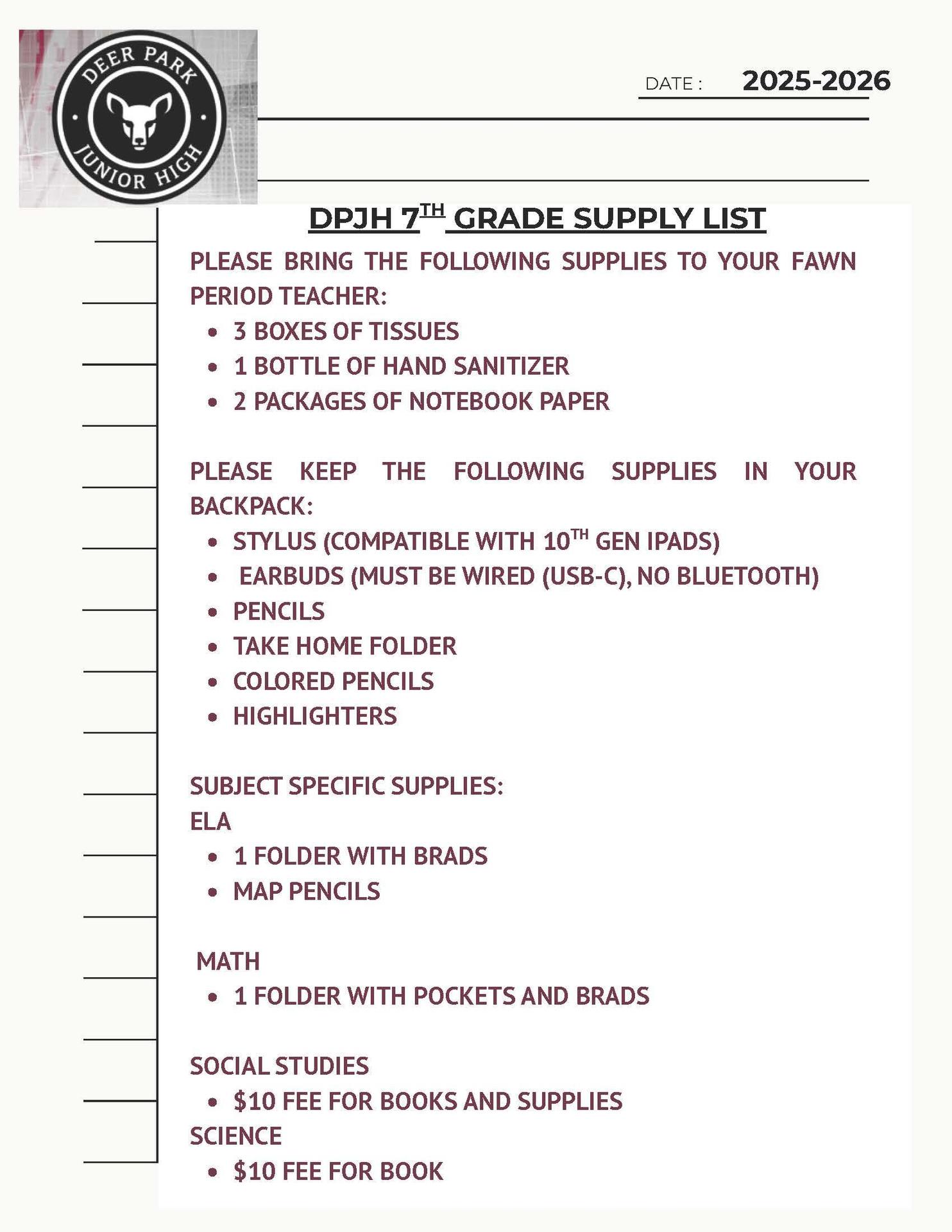 School Supply List 7th Grade