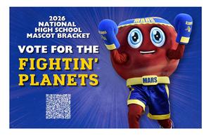Red mascot character representing Mars, encouraging votes for 'Fightin' Planets'.