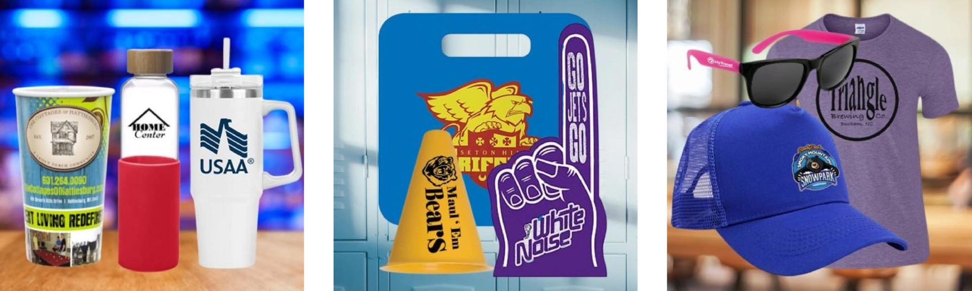 Branded promotional items including drinkware, signage, and apparel.