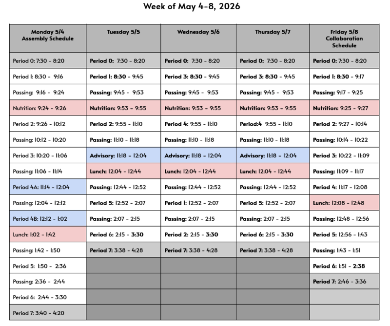Bell schedule for May 4th - 8th