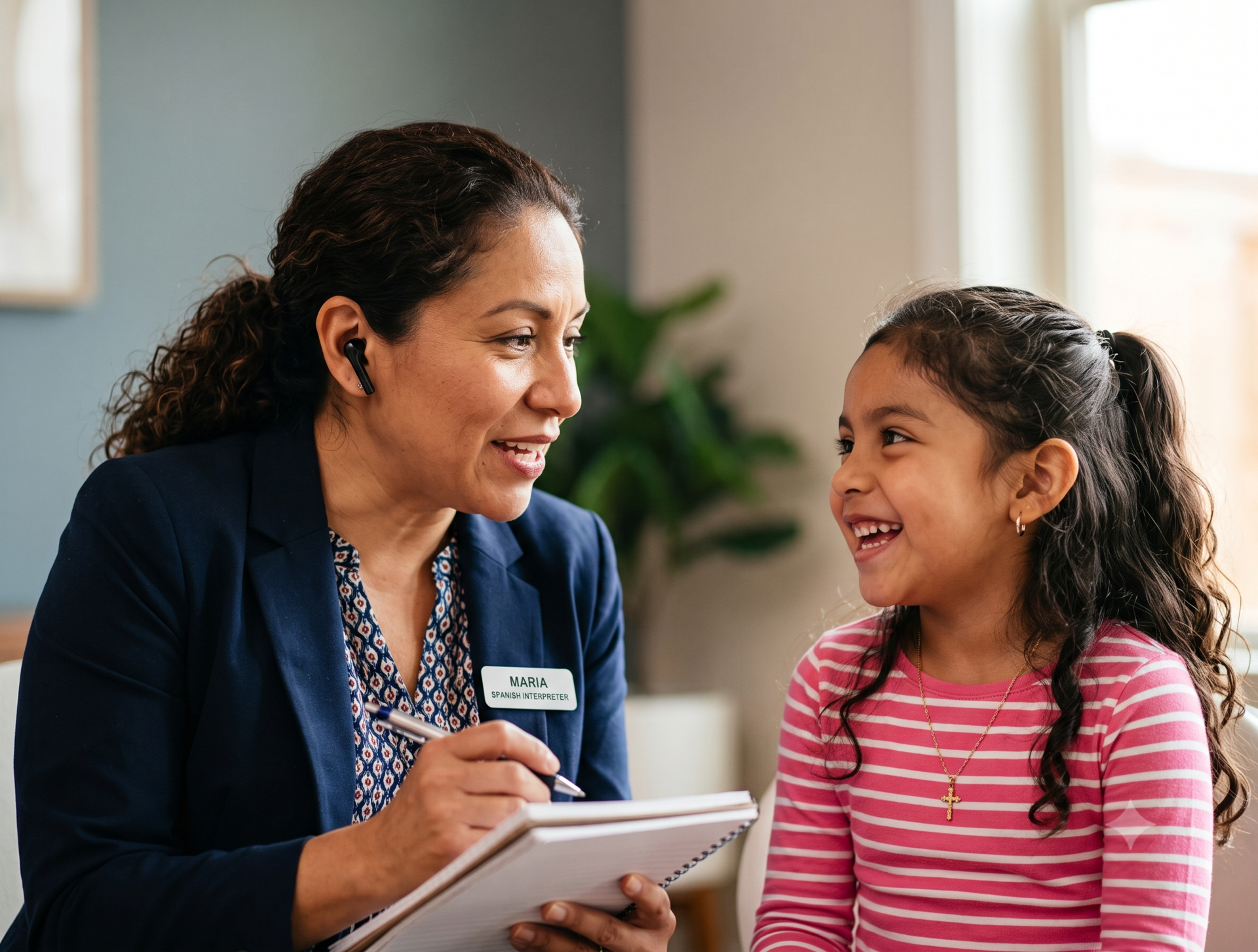 Spanish interpreter adult woman speaking to young Hispanic girl