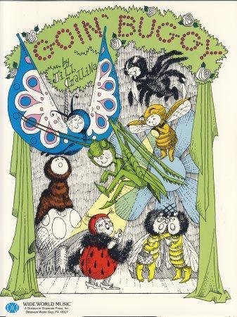 Colorful illustrated scene with various insects and butterflies in a whimsical setting.