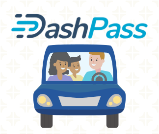 DashPass logo with a car facing forward with two adults and a child