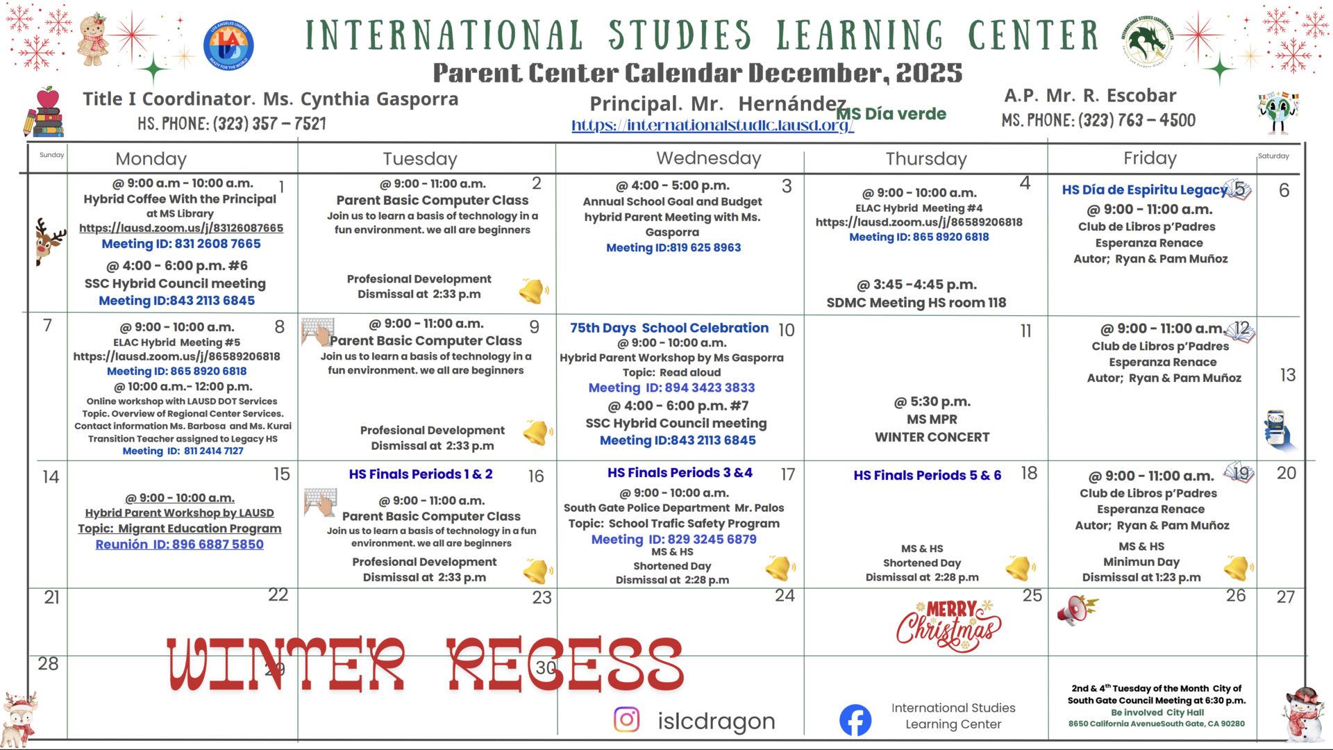 Parent Center Calendar December 2025