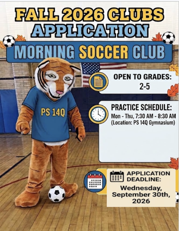tiger mascot dress with soccer jersey flyer to advertise early morninng soccer practice.
