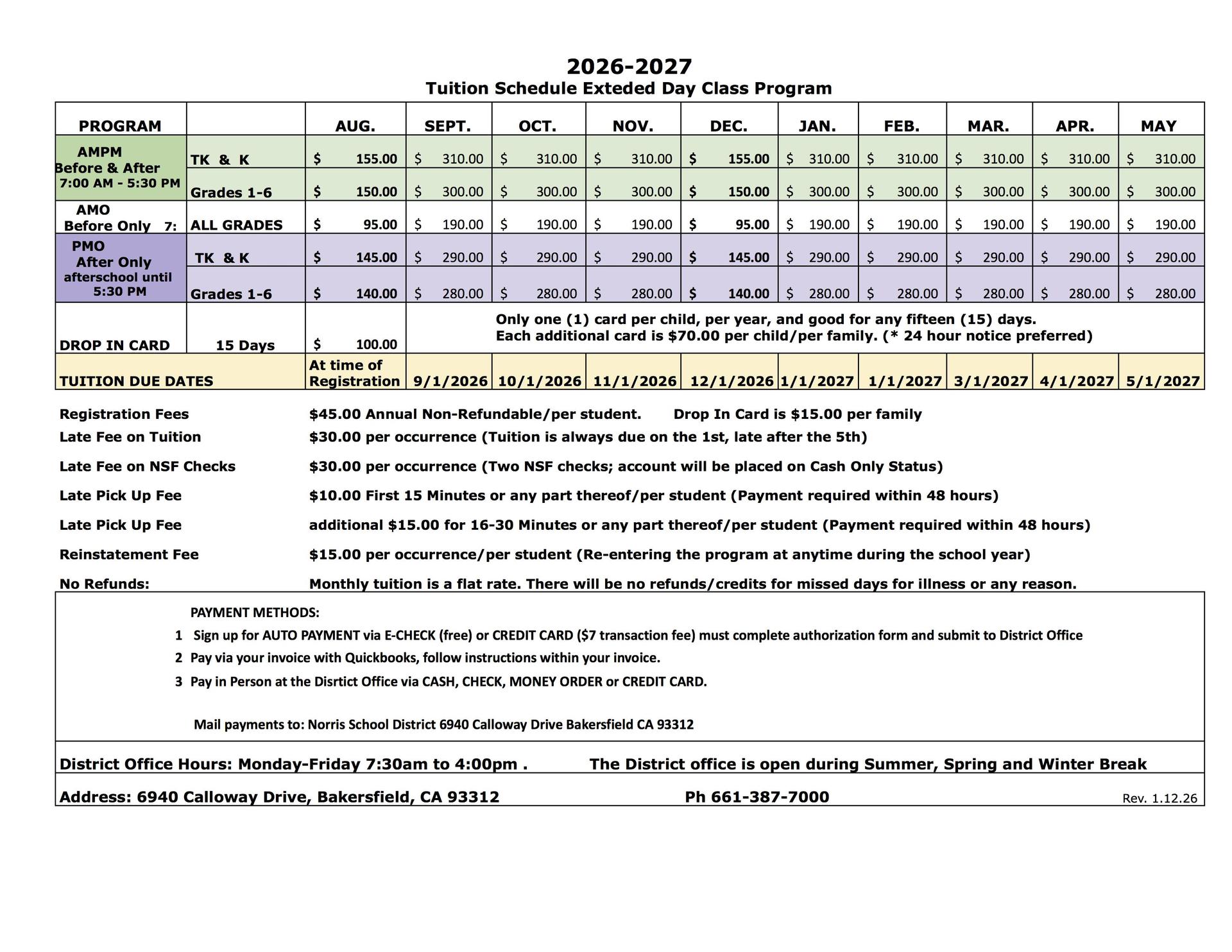 Fall 26-27 Tuition Schedule