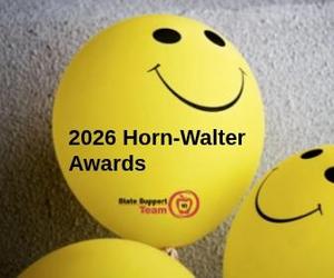 2026 Horn-Walter Awards; black text on yellow, smiley face balloon