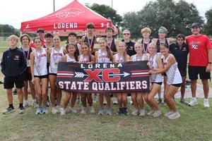 Team of runners holding a banner for state qualifiers under a red tent.