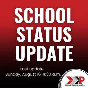 Red and black background with school status update in white