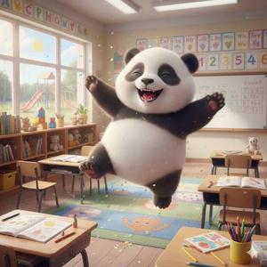 panda jumping with joy in classroom.jpg