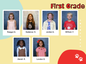 yellow background with red and aqua shapes, student pictures