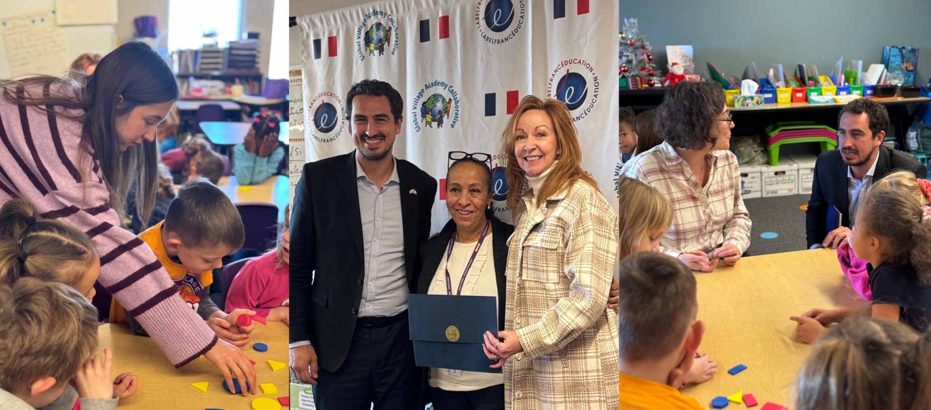 A classroom scene with students engaging in activities, smiling adults in formal attire observing.