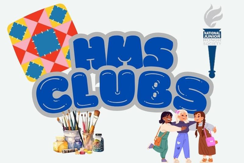 graphic showing HMS clubs with a quilt, art, and students hanging out