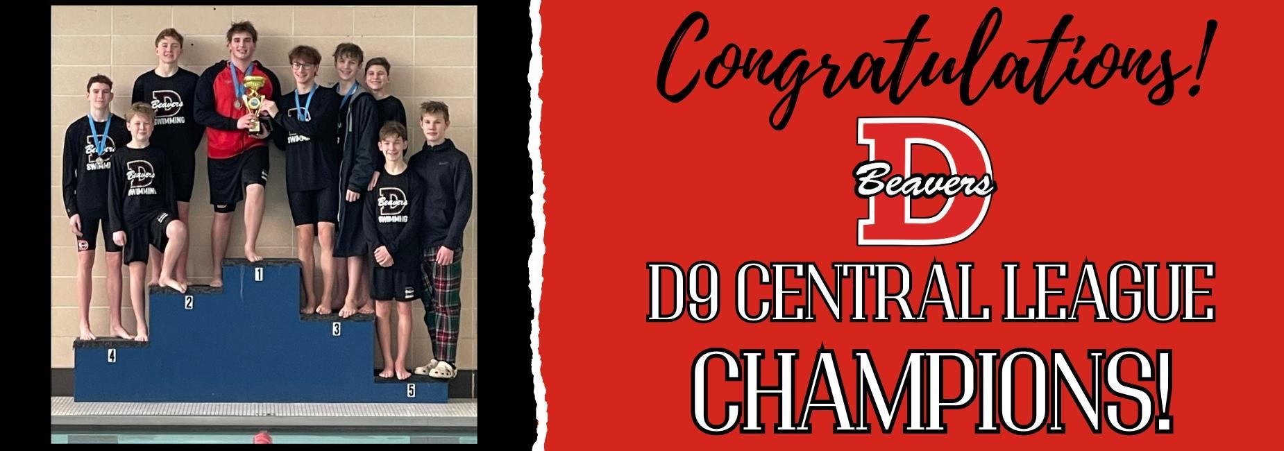 Congratulations DAHS Boys Swimming D9 Central League Champions.  Photo of the team with the trophy.