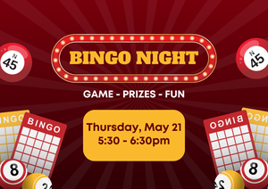 Red background with pictures of bingo boards and the details of bingo night date and time