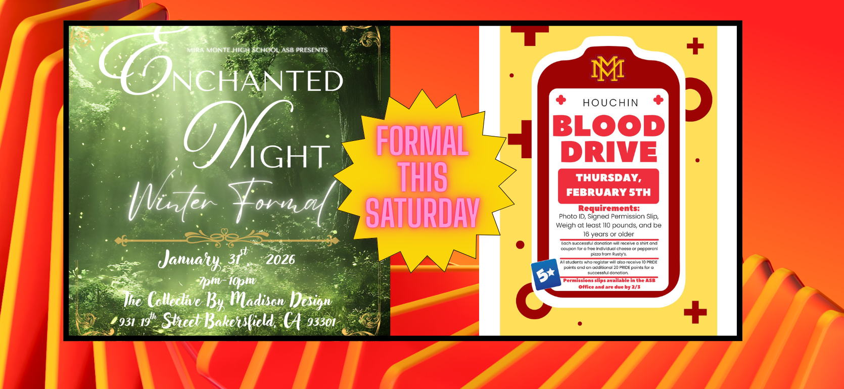 Promotional collage for an enchanted night winter formal and a blood drive event.