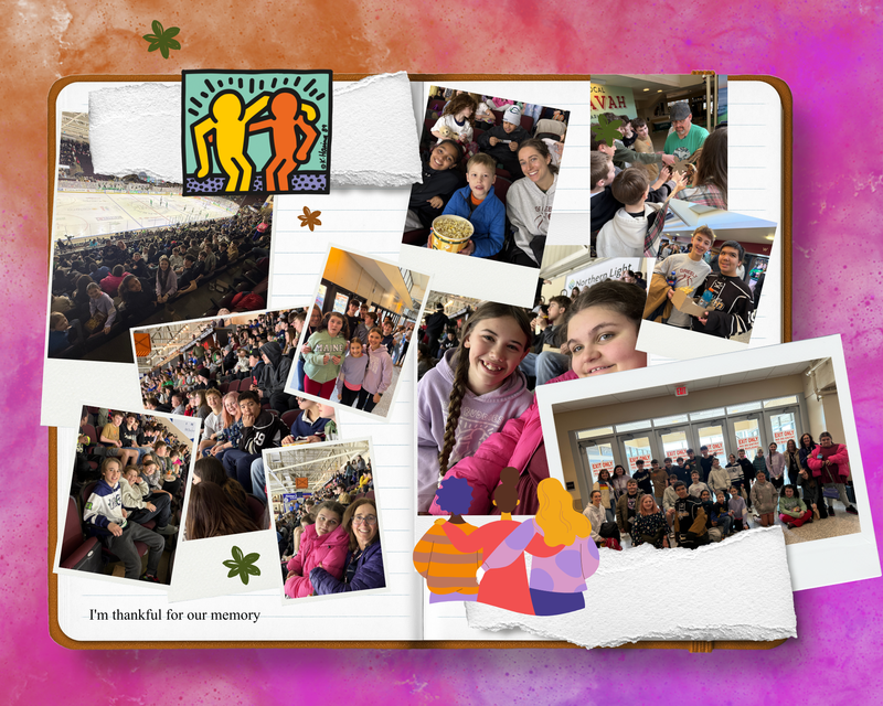 Collage of happy people at an event, with fun captions and colorful backgrounds.