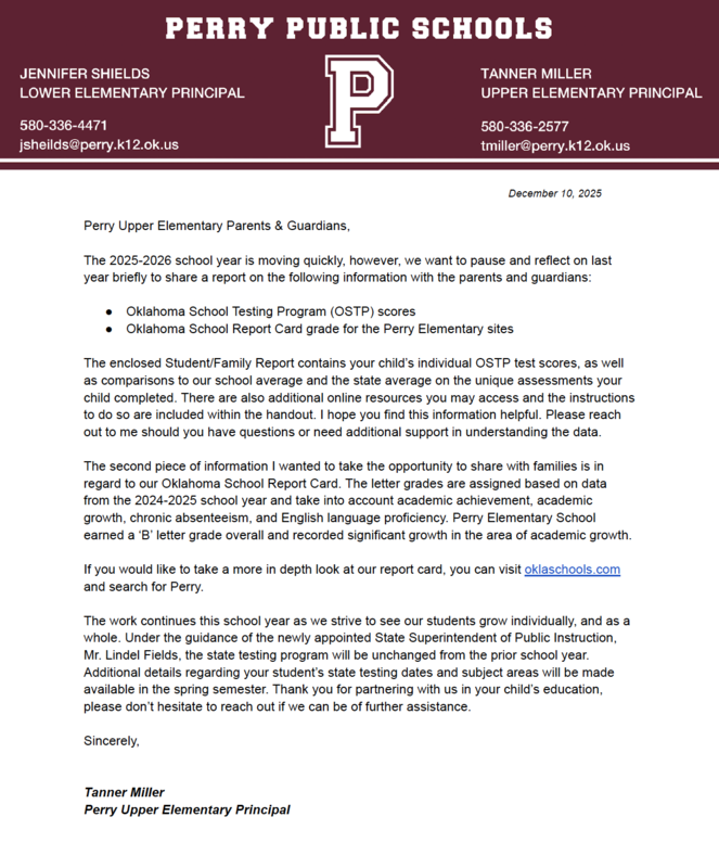 Perry upper elem state testing letter dec 2025