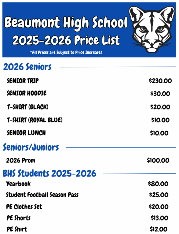 BHS price sheet