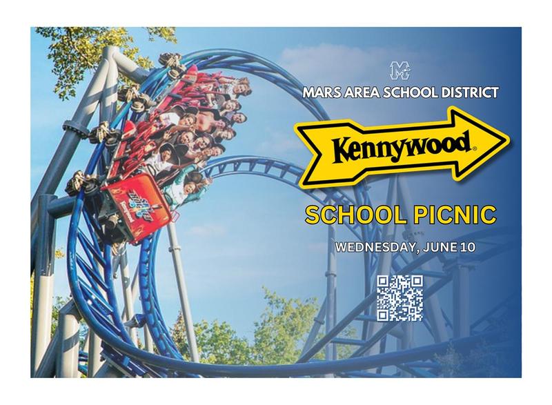 a image of a blue roller coaster and information about a school picnic at Kennywood Amusement Park