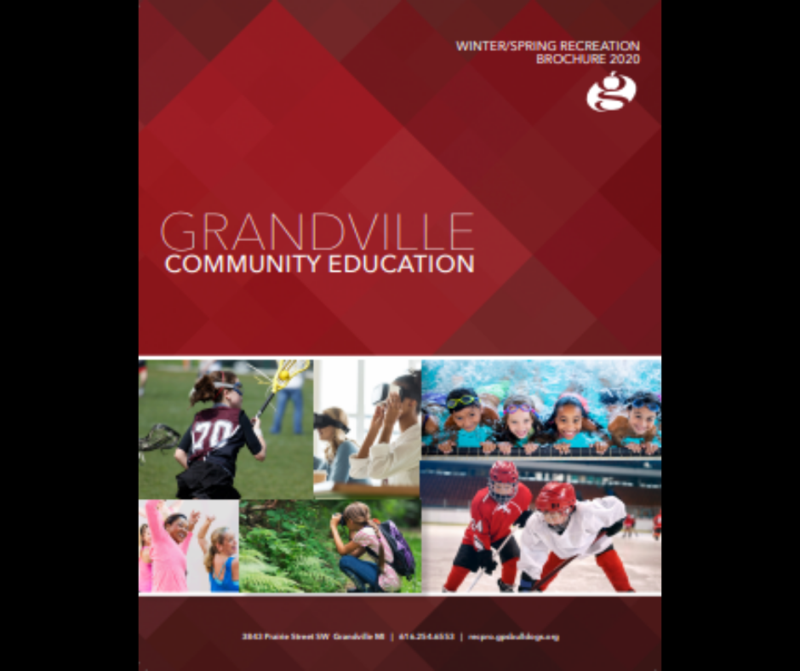 Community Ed brochure cover in maroon with photos of recreational opportunities