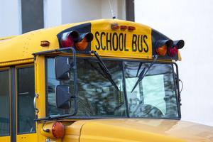 The front of a school bus is shown.