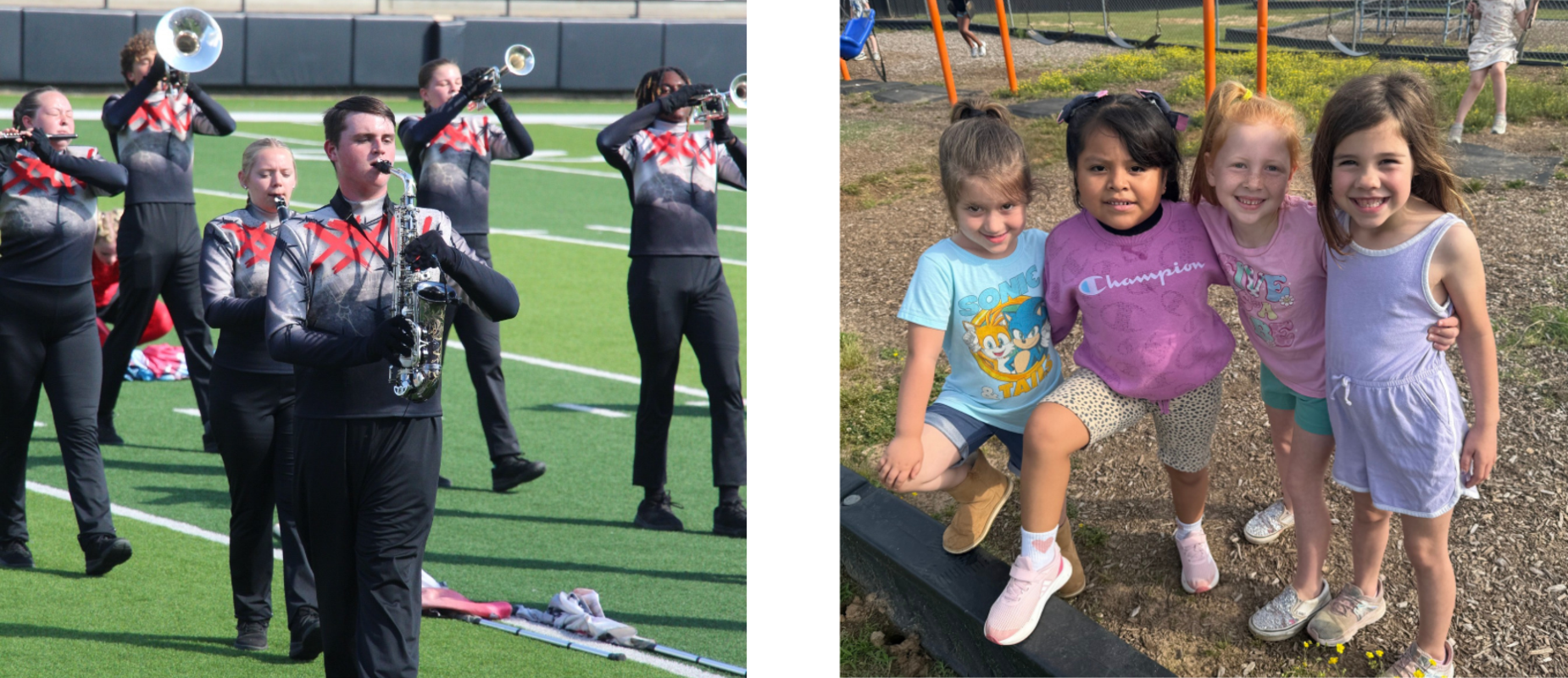 Students participate in activities such as marching band and playing on the playground.