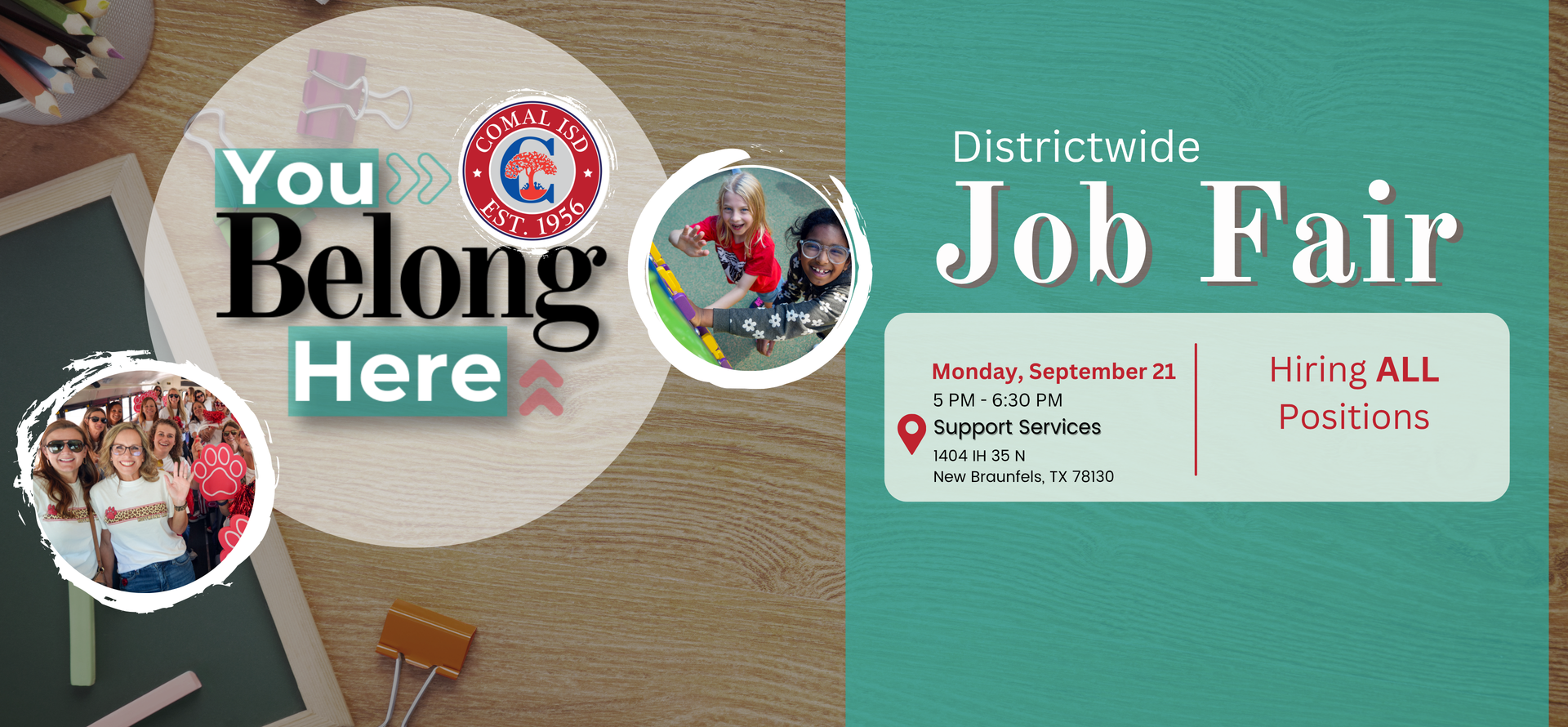 Event flyer for a job fair with colorful graphics and text details. Job Fair at support services on september 21 from 5-6:30pm