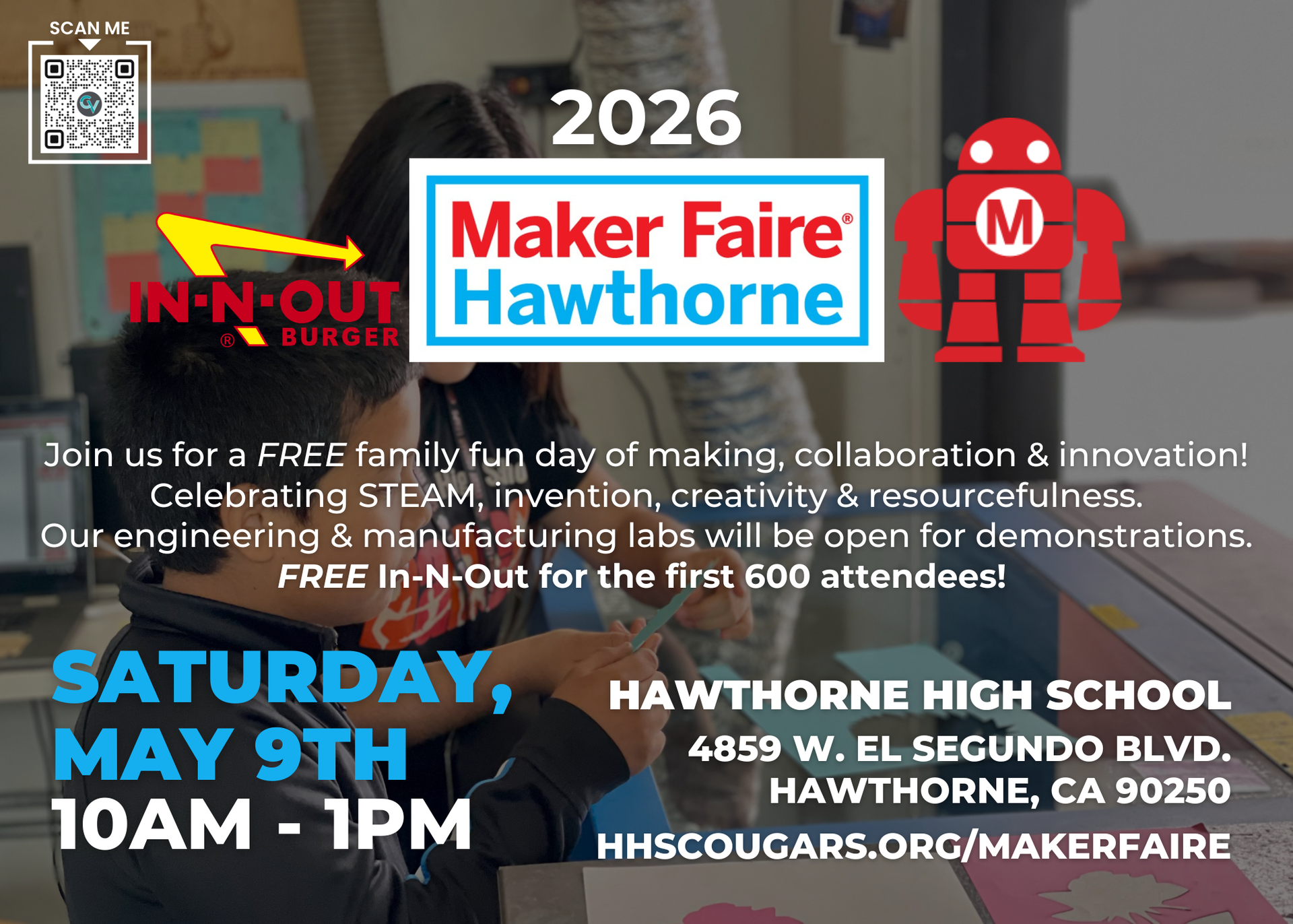 Event flyer for Maker Faire Hawthorne with details and sponsors.