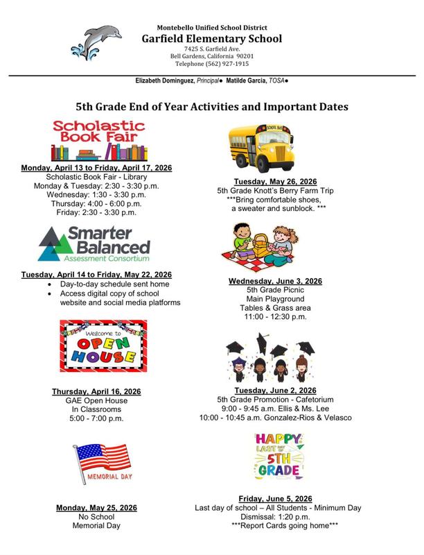 2026 5th grade End of the Year Important Dates