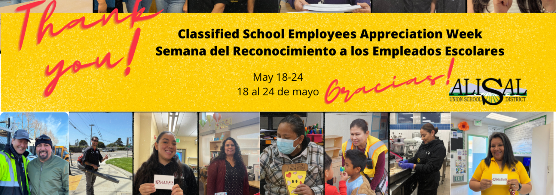Collage with men and women and text to thank employees for Classified Employee Week, May 18-24.