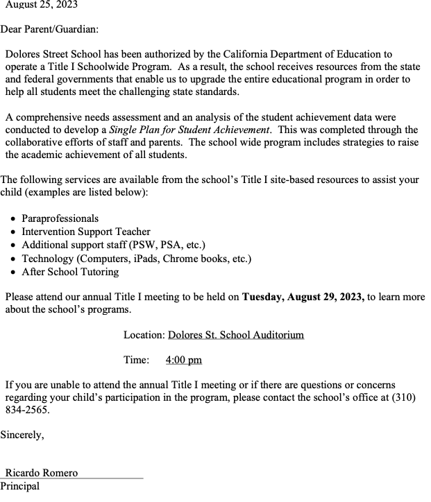Annual Title I Meeting Dolores Street Elementary