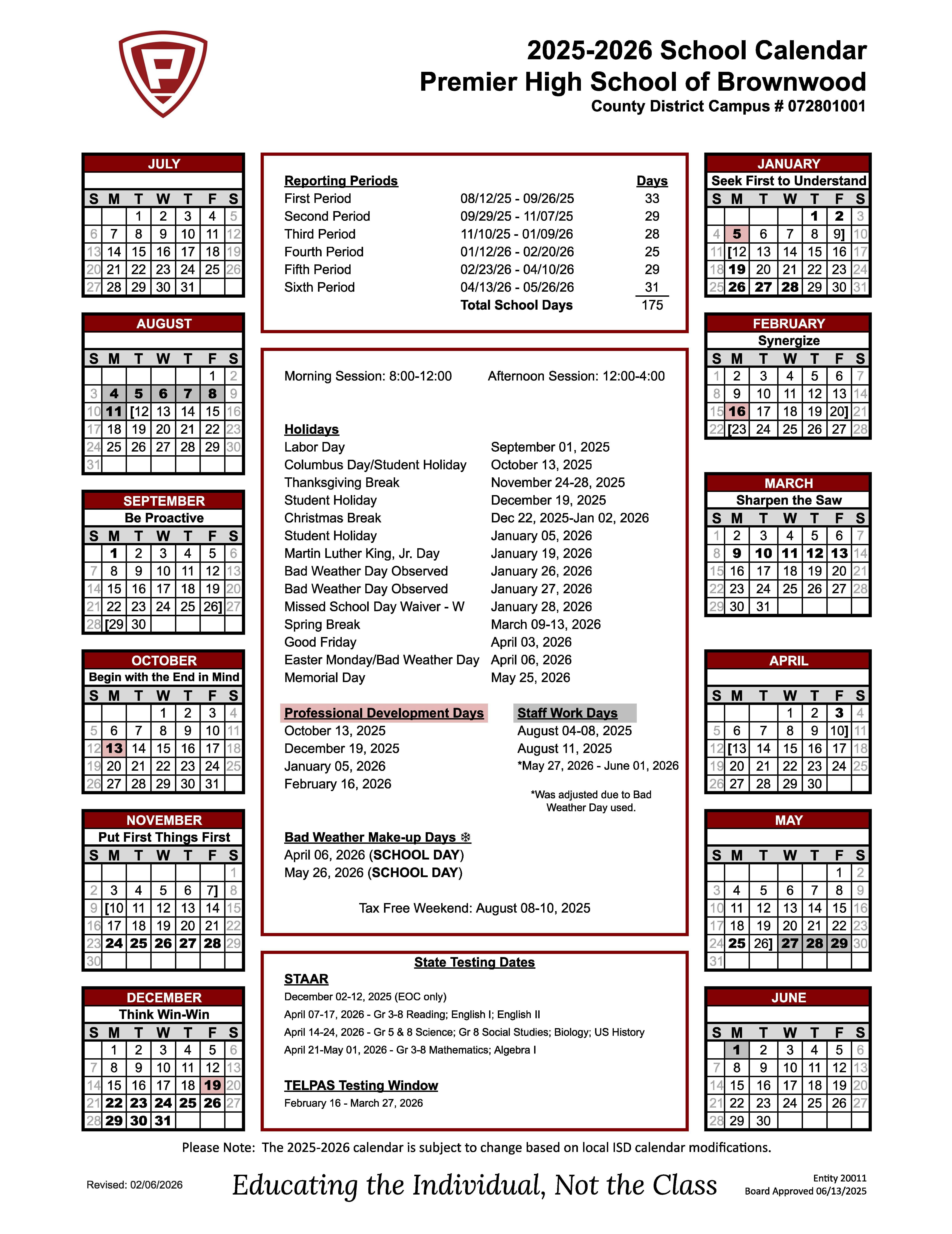 Updated 2025-2026 PHS Brownwood Calendar