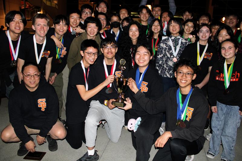 Members of the SPHS Science Olympiad team and Coach Benjamin Ku received a first-place school trophy at the Pasadena City College regional tournament. (Photo Courtesy of Benjamin Ku)