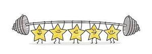 A cartoon illustration of five smiling stars lifting a barbell together.